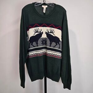 Vintage Dockers Green Elkhound Fair Isle Sweater Novelty Nordic Knit Mens XL